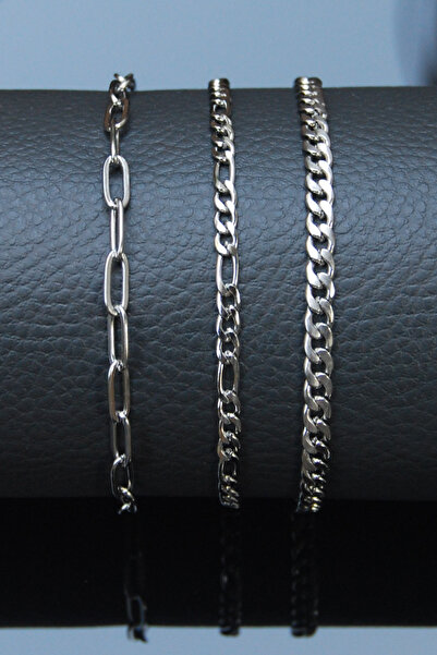 Rua Jewelry Çelik Ataş-figaro-gurmet Model 3 Lü Set Bileklik 18 Cm Gümüş Renk | Kararmaz,unisex,2 Yıl Garantili