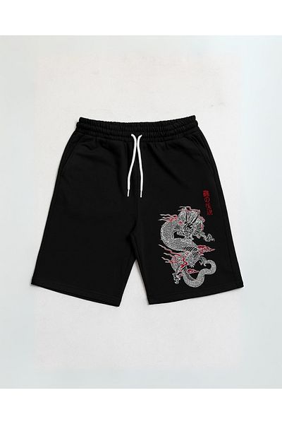 Touz Moda Dragon Detail εμπριμέ μαύρο χτενισμένο σορτς
