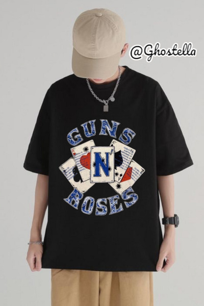 Minga London تيشيرت أسود أزرق مطبوع عليه Guns Roses للجنسين - Ghostella