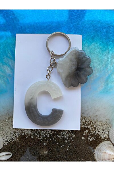 Yopoksi Desing Epoxy C Letter Gold Leaf, Pink Keychain with Flower Leaves