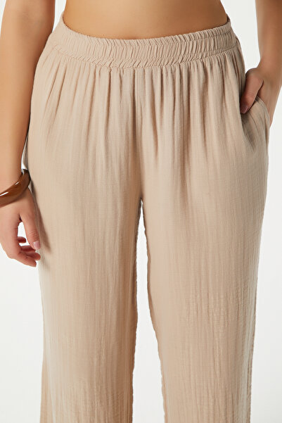 Ritnice Women's Maja 100% Cotton Muslin Beige Trousers with Elastic Waist