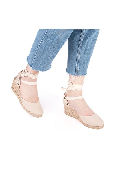 Star Tombis Real Handmade Open Back Wide Drawstring Wedge Heel Linen Women's Espadrille Handmade