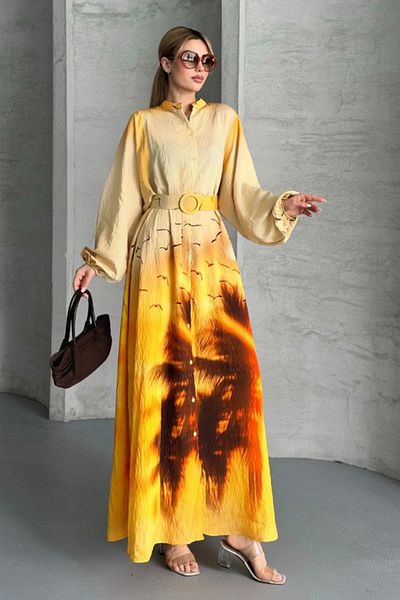 AYASOFYA OTANTIK Women's Yellow Patterned Balloon Sleeve Long Shirt Dress