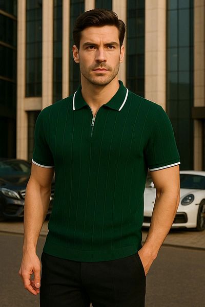 LC Waikiki Lc Waiki Cotton Men's Stylish Premium Quality Half Zipper Short Sleeve Polo Collar Knitwear T-Shirt