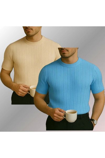 LC Waikiki Lc Waiki 2-Pack Advantage Package Crew Neck Short Sleeve Striped Breathable Premium Men's Summer T-Shirt