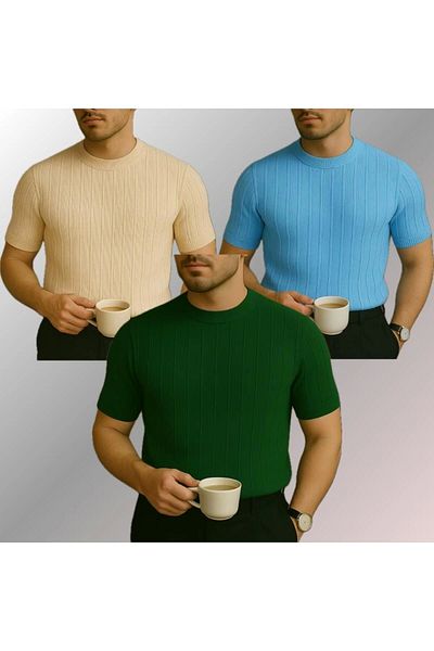 LC Waikiki Lc Waiki 3-Pack Advantage Package Crew Neck Short Sleeve Striped Breathable Premium Men's Summer Ti