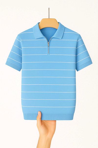 LC Waikiki Lc Waiki Men's Summer Short-Sleeved Striped Zipper Polo Collar Knitwear T-Shirt Trend Product