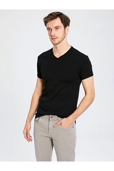 LC Waikiki Lc Waiki Men's Black T-Shirt V Neck Short Sleeve Cotton Basic from Your Fashion Style