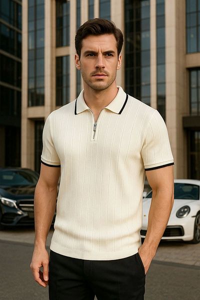 LC Waikiki Lc Waiki Cotton Men's Stylish Premium Quality Half Zipper Short Sleeve Polo Collar Knitwear T-Shirt