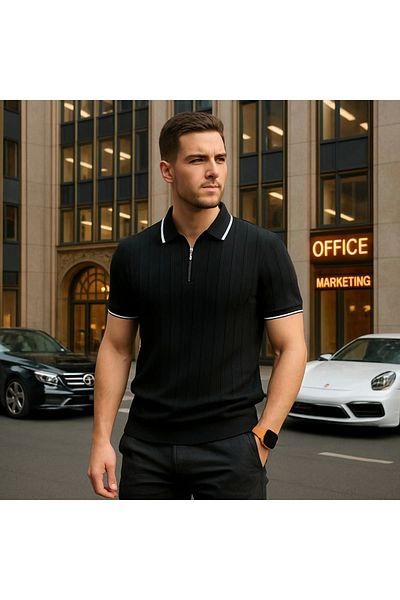 LC Waikiki Lc Waiki Cotton Men's Stylish Premium Quality Half Zipper Short Sleeve Polo Collar Knitwear T-Shirt