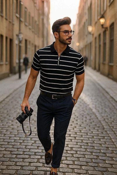 LC Waikiki Lc Waiki Men's Short Sleeve Striped Half Zipper Detail T-Shirt / T-Shirt Casual