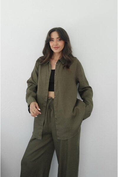 Havoş Khaki Hidden Placket 100% Linen Shirt