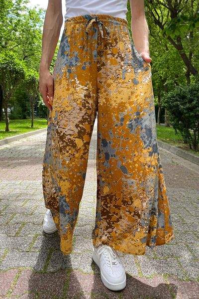AYASOFYA OTANTIK Women's Multi-Colored Beige Elastic Waist Ethnic Patterned Wide Leg Trousers with Pockets