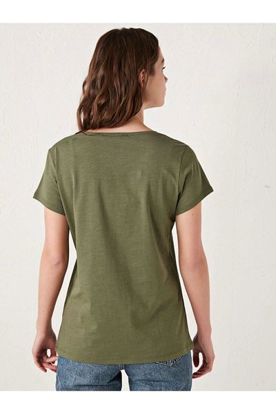 LC Waikiki Lc Waiki Women's Khaki T-Shirt V Neck Plain Short Sleeve Basic from Your Fashion Style
