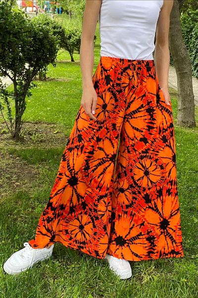 AYASOFYA OTANTIK Women's Orange Elastic Waist Ethnic Patterned Wide Leg Trousers with Pockets
