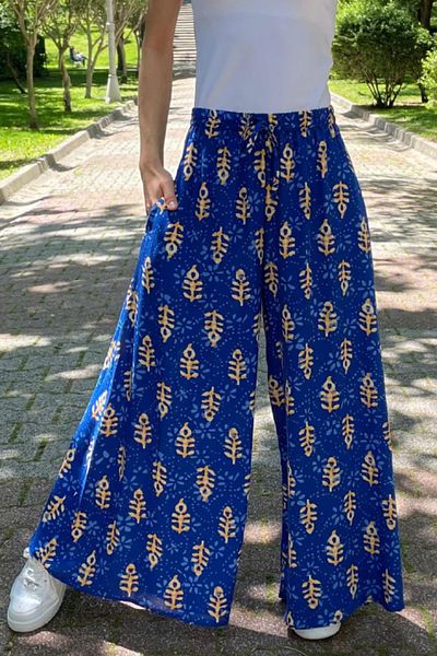 AYASOFYA OTANTIK Women's Blue Elastic Waist Ethnic Patterned Wide Leg Trousers with Pockets