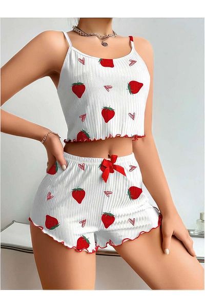 Findit Combed Cotton Strawberry Pattern White Shorts Suit