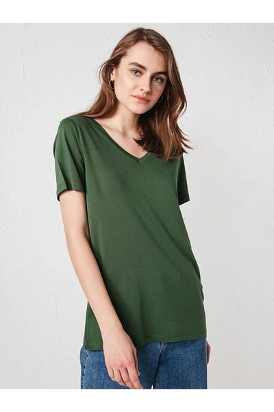 LC Waikiki Lc Waiki Women's Green T-Shirt V-Neck Solid Green Short Sleeve Basic from Your Fashion Style