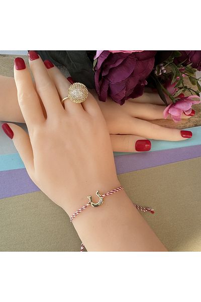 OEM Bracelet - red-white cord - TAG Horseshoe, 24k gold plated