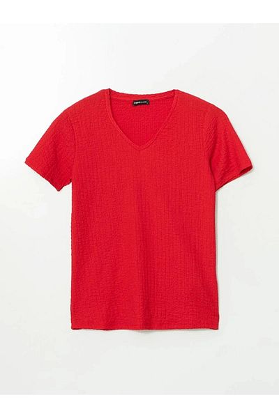 LC Waikiki Lc Waiki Classic Red V-Neck Textured Women's T-Shirt