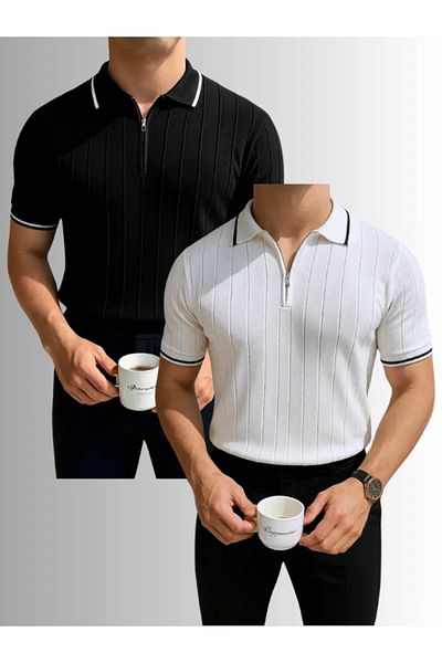 LC Waikiki Lc Waiki 2-Piece Advantage Package Polo Neck Zippered Short Sleeve Men's Summer Knitwear T-Shirt