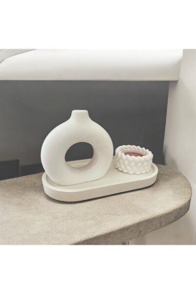 GÜLES DEKOR Bohem Minimal Yuvarlak Vazo Sarmal Mumluklu Sunum Tepsili Set