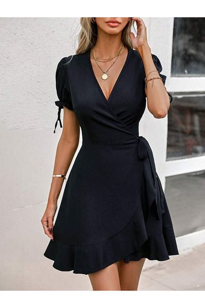 Monapera Double Breasted Collar Short Sleeve Side Tie Detail Mini Dress