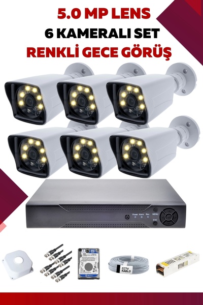 OEM 6 Kameralı Set - 5MP Sony Lensli Full Hd Renkli Gece Görüşlü Güvenlik Kam...
