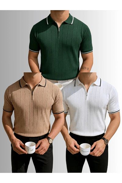 LC Waikiki Lc Waikikik 3-Piece Advantage Package Polo Neck Zippered Short Sleeve Men's Summer Knitwear T-Shirt