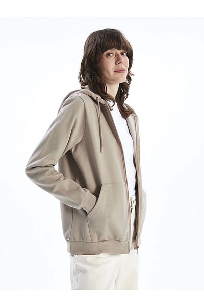 LC Waikiki Lc Waiki Basic Brown Hooded Plain Long Sleeve Women's Zip Sweatshirt