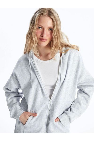 LC Waikiki Lc Waiki Xside Gray Melange Hooded Oversize Women's Zippered Sweatshirt