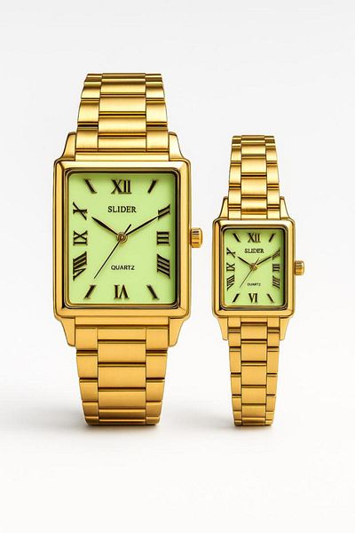 style iconic SLIDER Roman Dial Gold Couple Watch Set – Unique Green Face | Fade-Proof Finish | 1-Year Guarantee