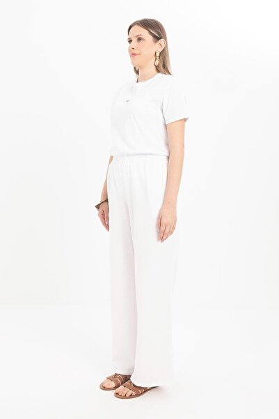 ALLDAY White-Large Size Wide Leg Linen Trousers with Elastic Waist