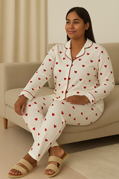 JADİYA White Women's Long Pajama Set with Red Heart