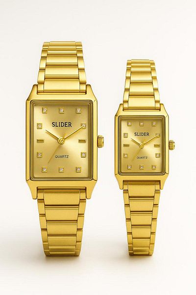 style iconic SLIDER Full Gold Luxury Couple Watch Set – Diamond Markers | Color Won’t Change | 1-Year Guarantee