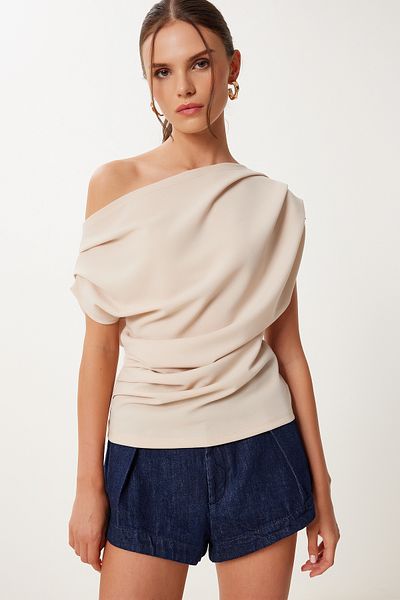 Lovelyİstanbul Bluză tricotată elastică Drapeli CREAM LFW0009