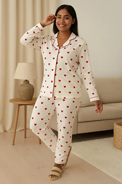 JADİYA White Women's Long Pajama Set with Red Heart