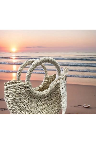 La Saade Floral Liva- Vintro Beige Lace Ribbon Detailed Straw Handbag