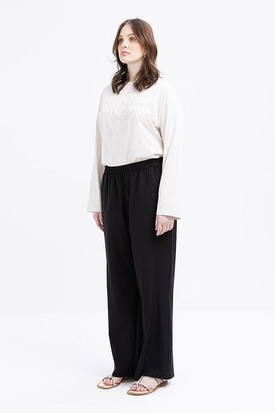 ALLDAY Black-Large Size Wide Leg Linen Trousers with Elastic Waist