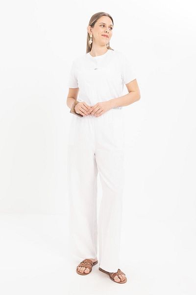 ALLDAY White-Large Size Wide Leg Linen Trousers with Elastic Waist