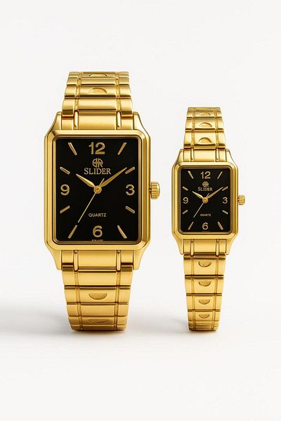 style iconic SLIDER Royal Gold Couple Watch Set – Classic Black Dial | Fade-Proof Color | 1-Year Guarantee 📝