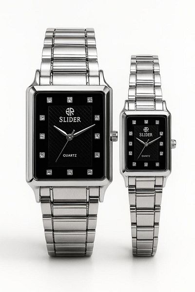 style iconic SLIDER Silver Couple Watch Set – Black Square Dial | Fade-Proof Finish | 1-Year Guarantee 📝