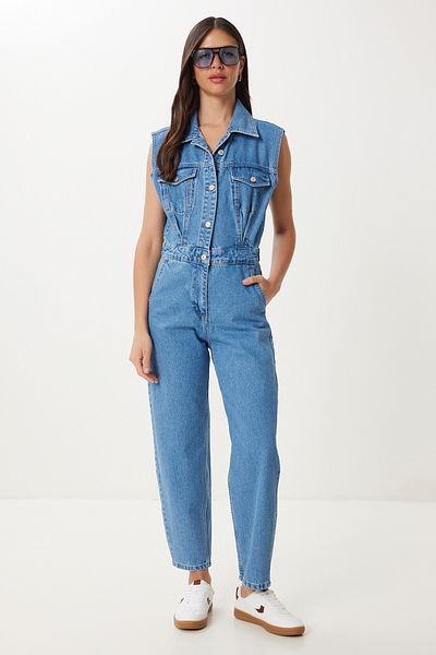 Lovelyİstanbul Denim Jumpsuit with Flap Pocket Light Blue Lvw0005