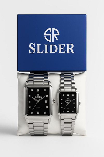 style iconic SLIDER Silver Couple Watch Set – Black Square Dial | Fade-Proof Finish | 1-Year Guarantee 📝