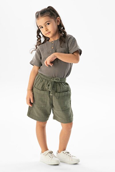 Eliş Şile Bezi Western Pocket Detailed Summer Muslin Girls Shorts Khaki Hk