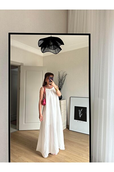 BAŞARAN Μακρύ φόρεμα Seersucker με λουράκι με κορδόνια εκρού