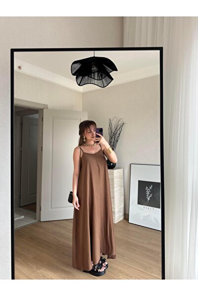 BAŞARAN Thin Strap Long Dress Stone