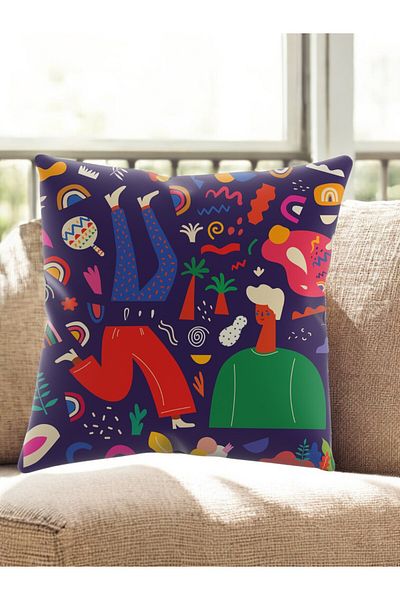 ASDİVA Smr Abstract Human Carnival Pattern Modern Throw Pillow Decorative Cushion Navy Blue Color 43X43