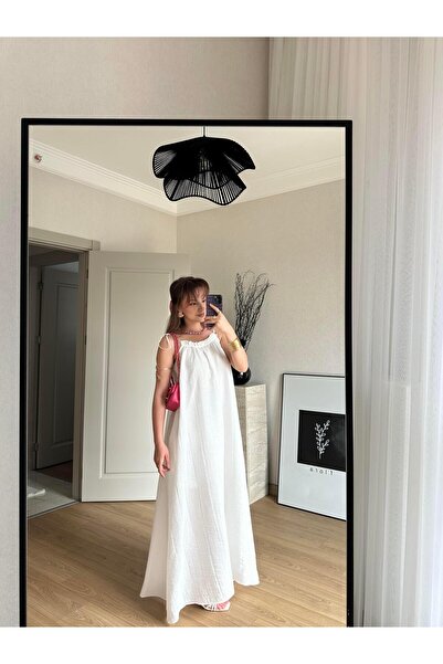 BAŞARAN Μακρύ φόρεμα Seersucker με λουράκι με κορδόνια εκρού