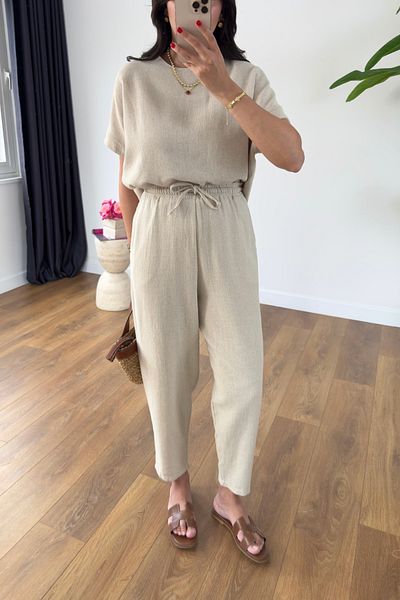 BİRCANÇİL Laila Stone Casual Linen Short Sleeve Trousers Set